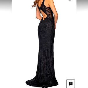 Sexy Black Sparkle Lace Plunge-Neck Designer Gown by La Femme Fashion SZ 2